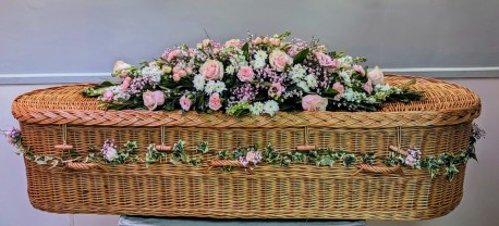 Wicker Casket Spray with Garland – “Dressed Casket” Floral Tribute (Pink & White)